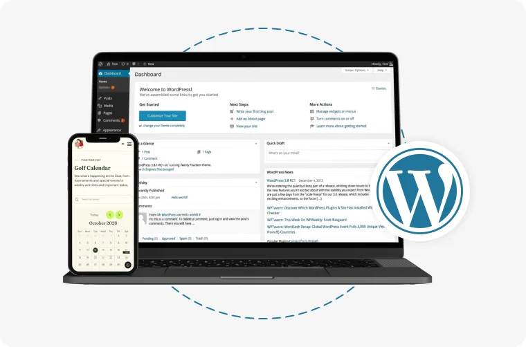 Tableau de bord WordPress sur un ordinateur portable et un téléphone